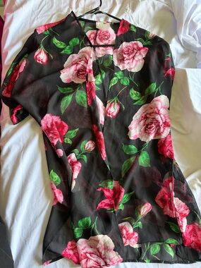 Honeyme Black Sheer Blouse with Pink Rose Print